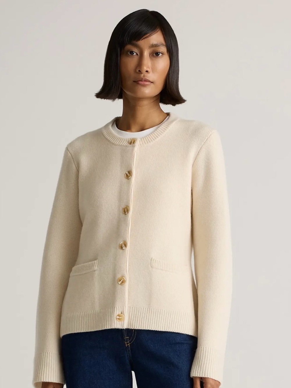 Quince Mongolian Cashmere Structured Cardigan Ivory XS Lightweight Luxury